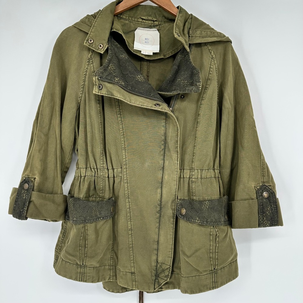 Hei Hei Linen Gorpcorp Green Lace Trim Utility Hooded Field Jacket Womens‎ M